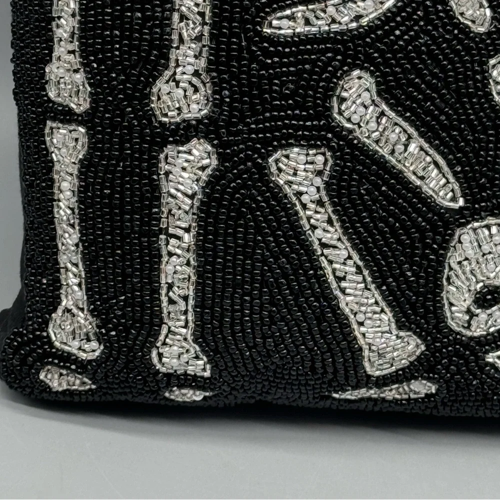 Spooky Night Halloween Skeleton Black Cat Beaded Throw Pillow Day of Dead Decor